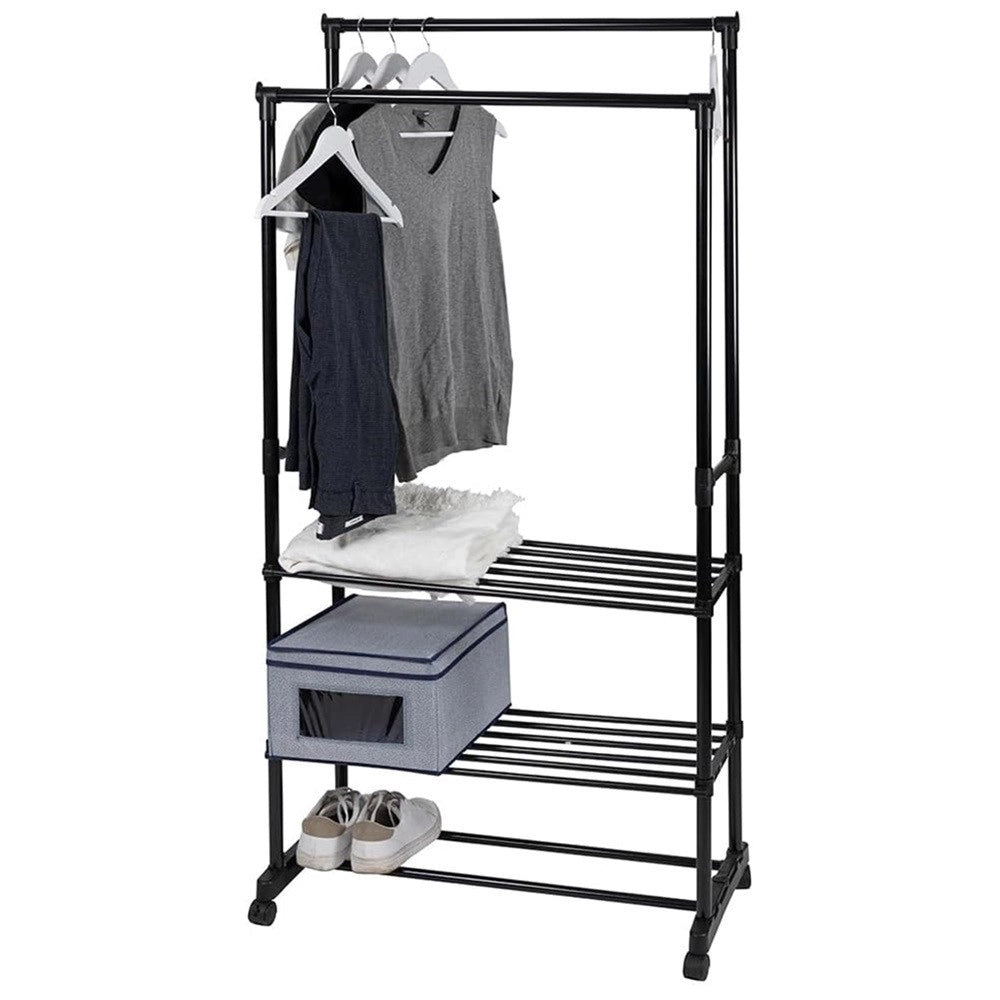Trade Shop - Appendiabiti Multistand Armadio In Metallo Altezza Regolabile 2 Aste 4 Ruote 3 Ripiani -