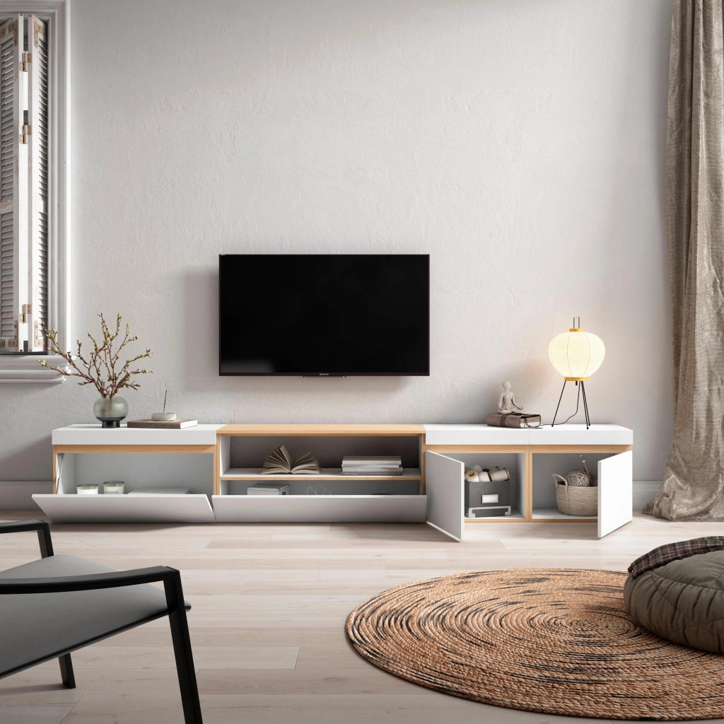 Mobile TV Soggiorno, 288x45x35 cm, TV di grande formato, Mobile Soggiorno, Bianco e Rovere soft