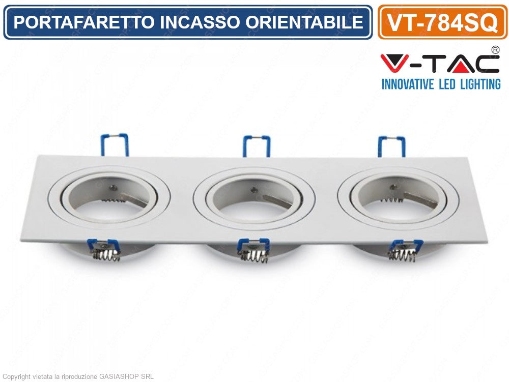 V-TAC VT-784SQ PORTAFARETTO ORIENTABILE DA INCASSO PER 3 LAMPADINE GU10 E GU5.3 - SKU 3609