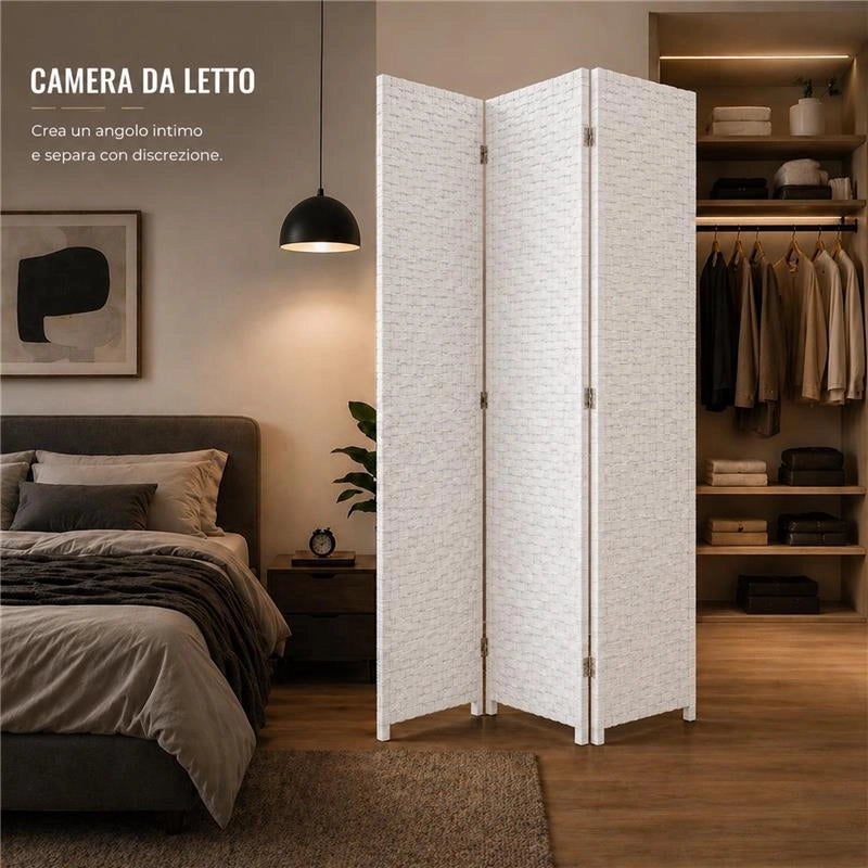 SEPARE' CON TRE PANNELLI IN PLASTICA BIANCO CON STRUTTURA IN LEGNO MISURE: 180X135CM