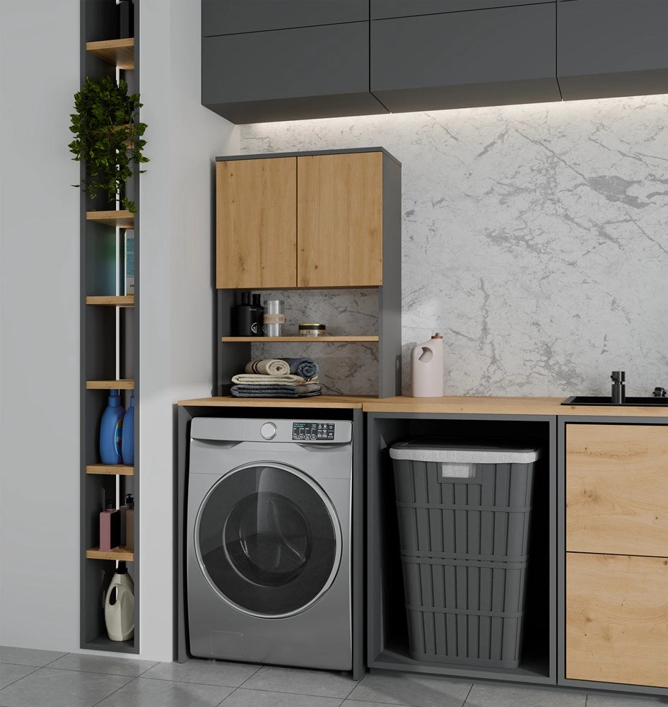 Mobile bagno POLA multi sopra lavatrice colonna scaffale antracite rovere artisan
