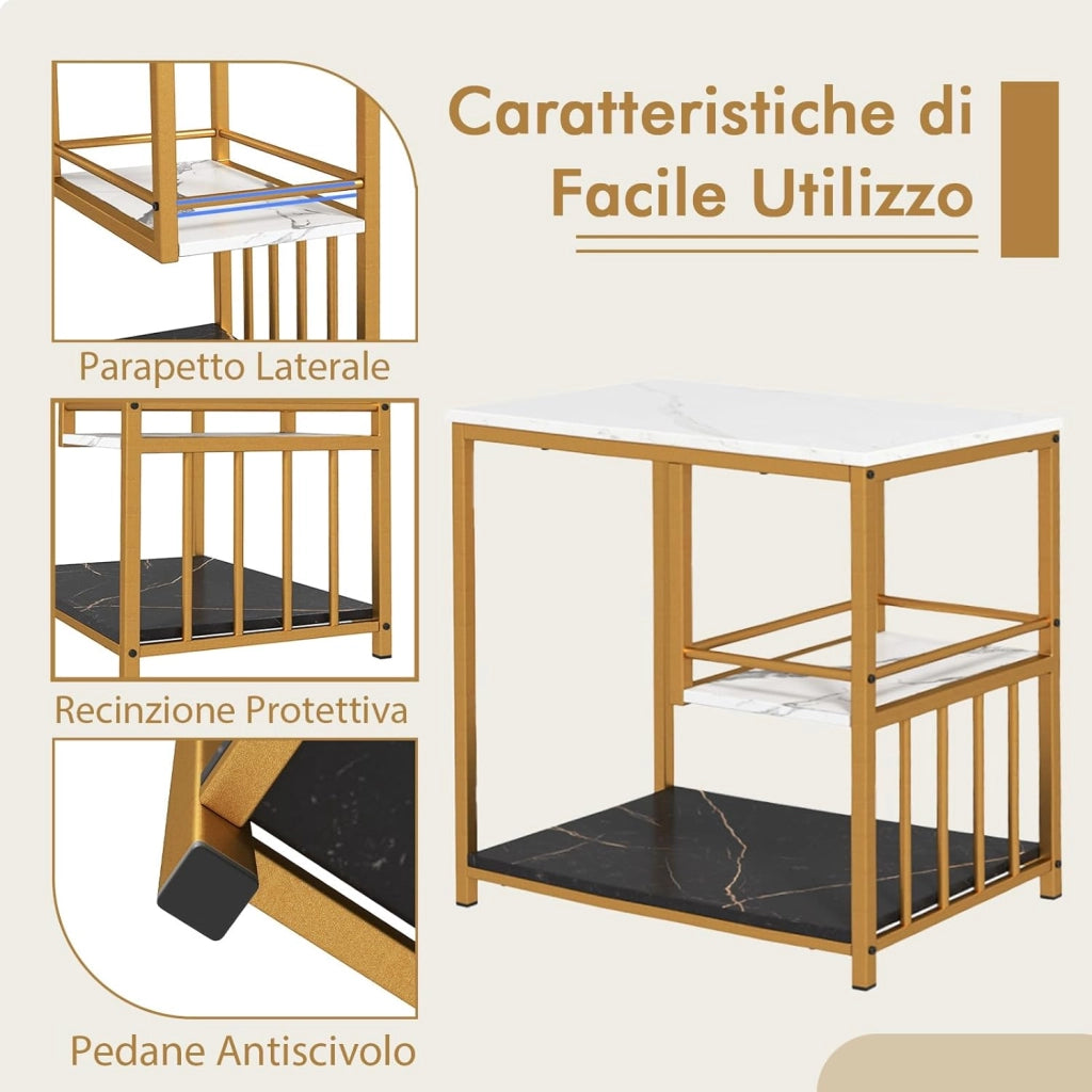 Tavolino da Salotto, Tavolino Basso da Divano con 3 Ripiani in Marmo Finto e Struttura in Metallo, Tavolino Rettangolare Moderno per Soggiorno, Camera da Letto, Spazi Piccoli, Oro