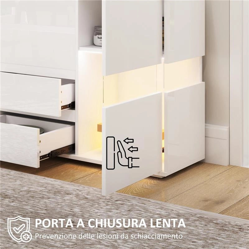 CREDENZA MODERNA CON LED REGOLABILE CON TELECOMANDO 4 CASSETTI E 2 ARMADIETTI 120X34X70 CM BIANCO