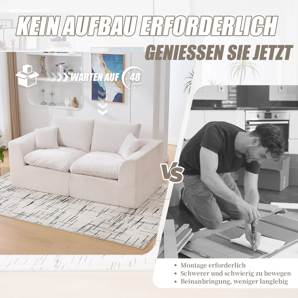 OKWISH Divano 2 Posti da Soggiorno, con Cuscini e Seduta Imbottita, Design Minimalista, Velluto a Coste, Beige