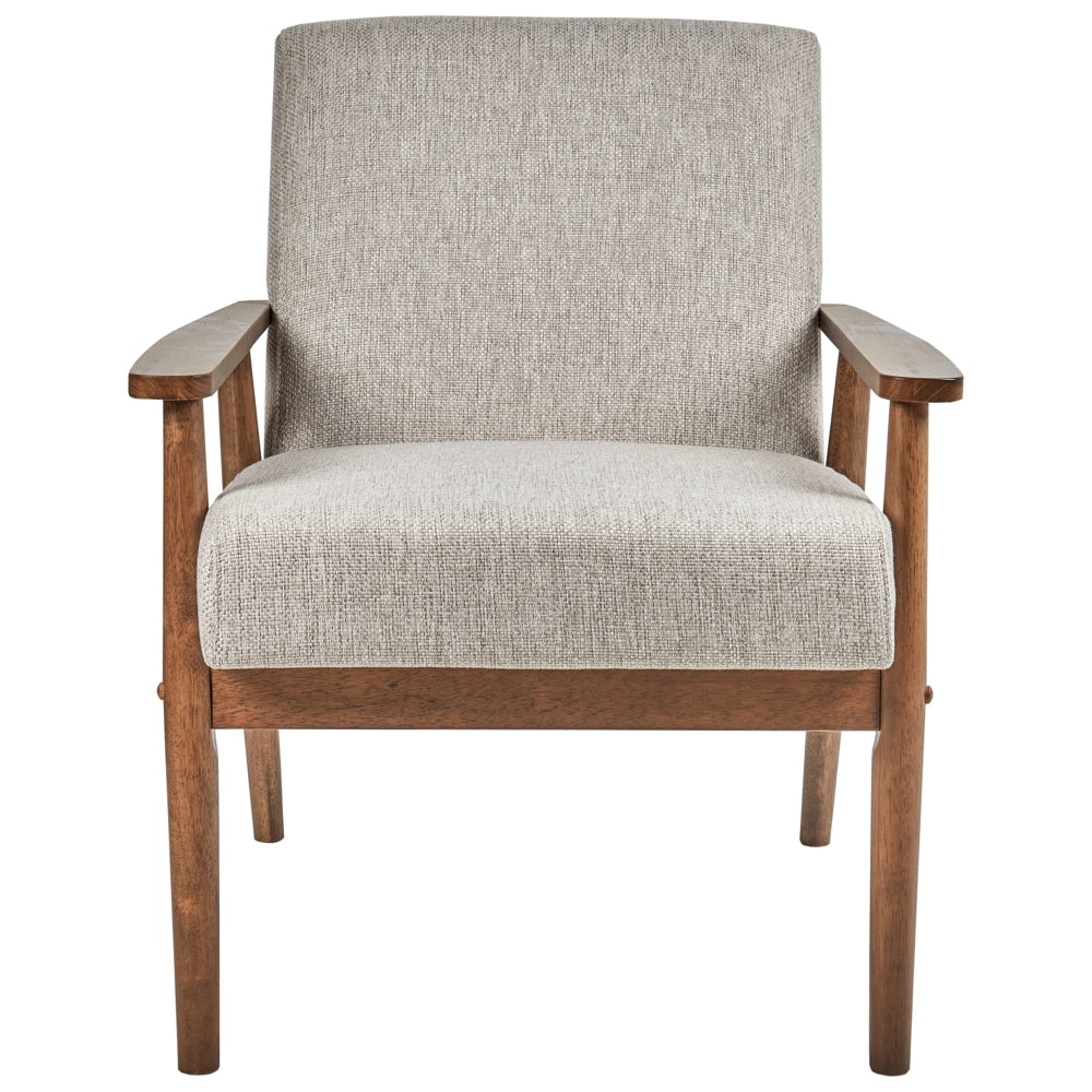 Poltrona da salotto con rivestimento in tessuto grigio scuro con struttura in legno stile retrò