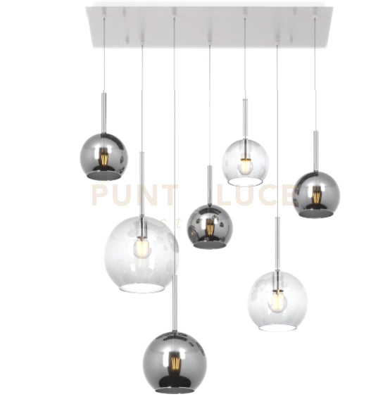 SOSP. BIANCO RETTANGOLARE 7 LUCI VETRI (1 GRANDE TR+1 MEDIO CR+1 MEDIO TR +4 PICCOLO (3 X CR+1 X TR)) 1155BI-S7 RMIX-TC