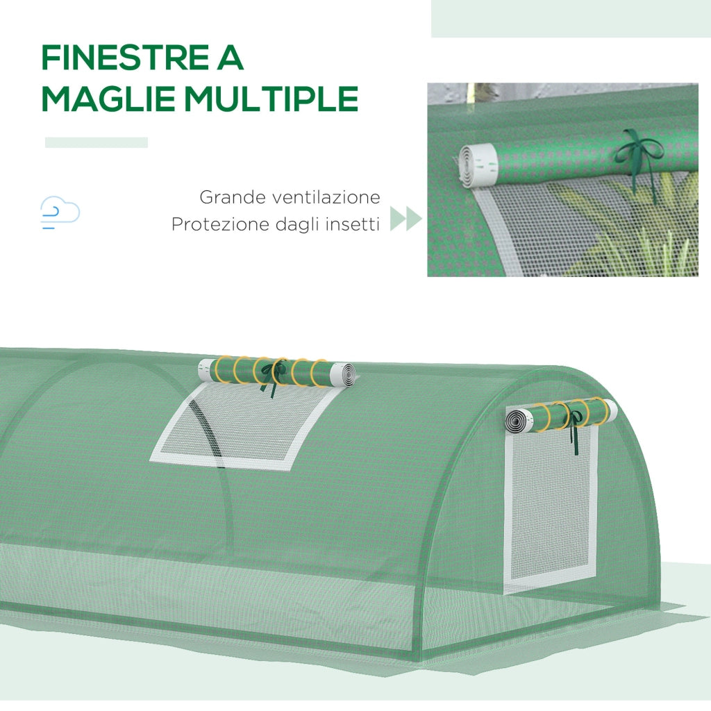 Serra Piccola 300x80x45 cm con 5 Finestrelle e Griglia Centrale in Acciaio PE e PP Verde