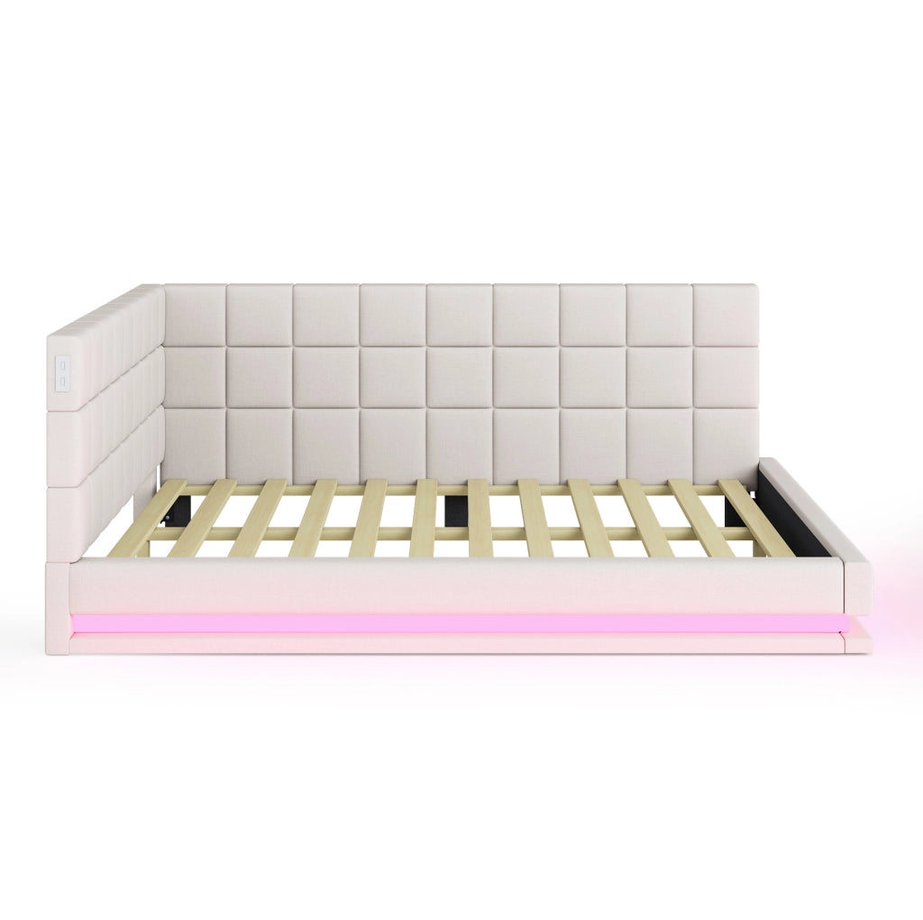 Divano letto 160x200 cm con LED e USB in lino beige