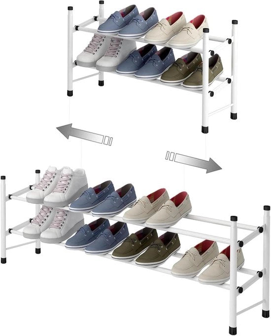 Scatola per Scarpe Estendibile a 2 Livelli per Stoccare fino a 12 Pair di Scarpe Scatola per Scarpe Stivale Regolabile e Stivale Stoccante per Corridoi 62~114 x 22 x 35cm ( Bianco 2 Scomparti )