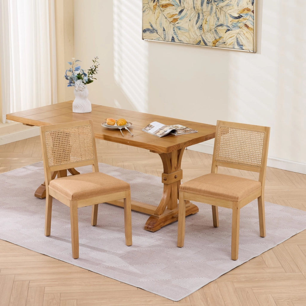 Set di 2 sedie da pranzo, schienale in vimini, stile rustico, struttura in legno, seduta imbottita, color legno naturale e marrone chiaro
