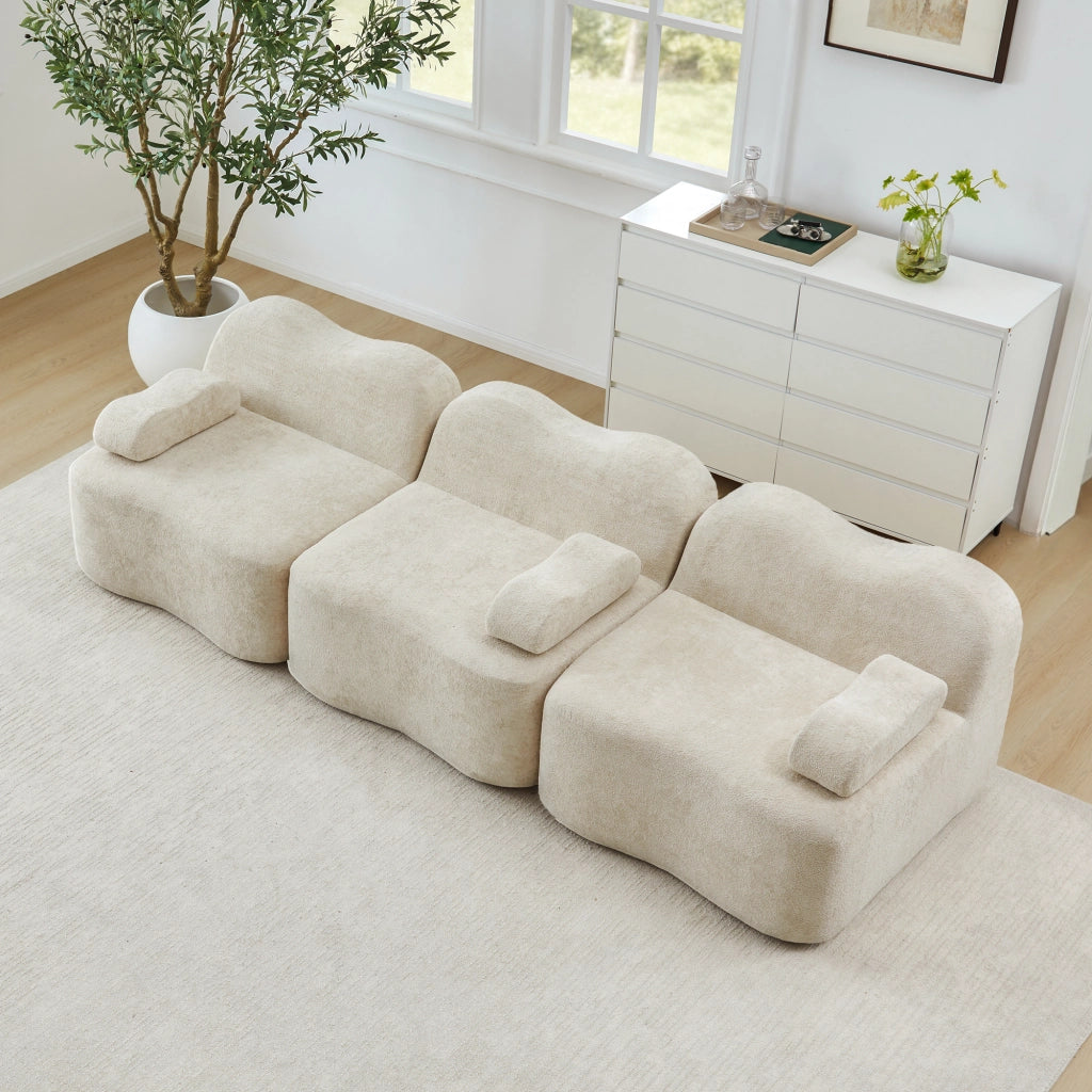 Divano modulare senza struttura in velluto con seduta profonda e cuscini bracciolo mobili per soggiorno beige