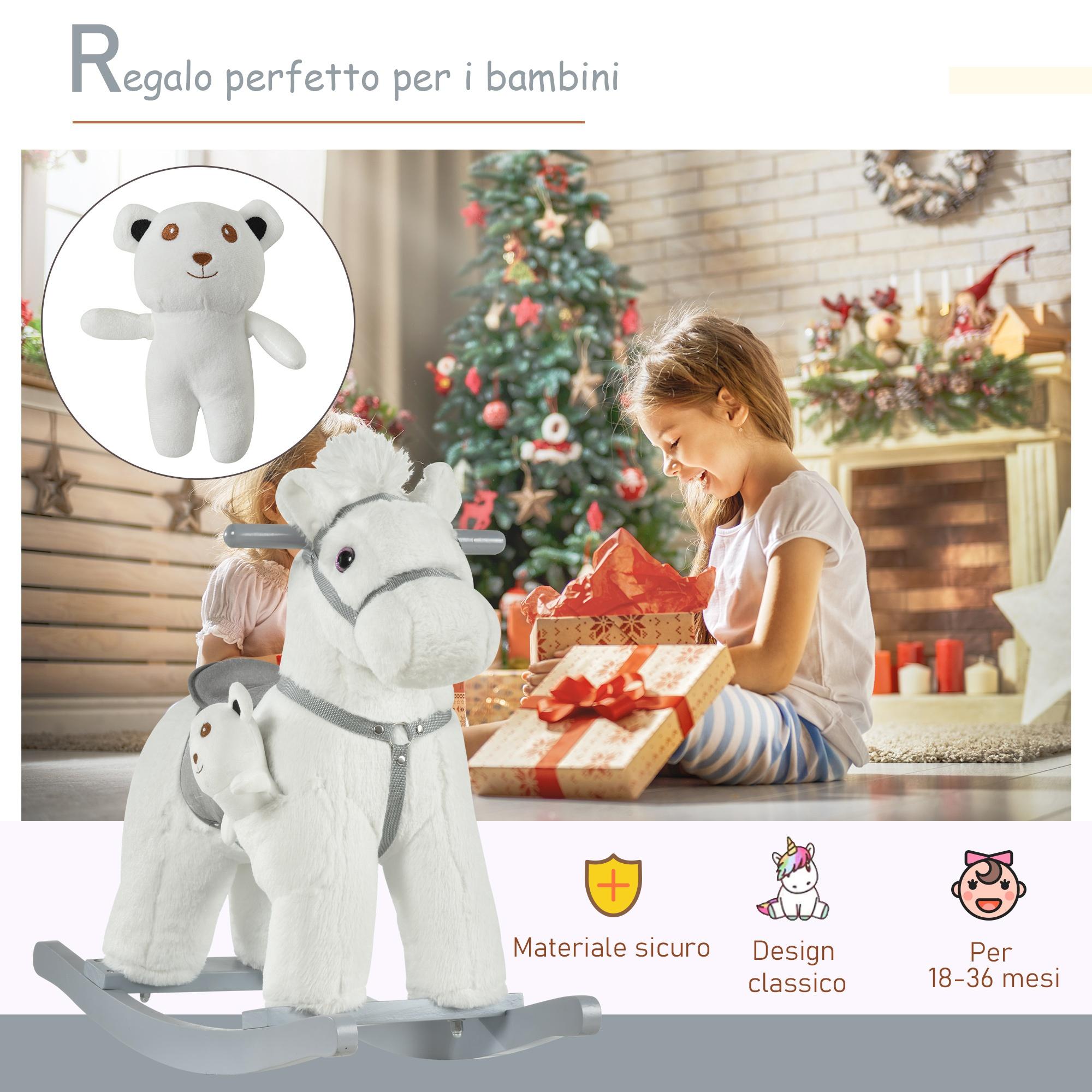Cavallo a Dondolo in Peluche e Legno con Orsetto e Suoni Bianco