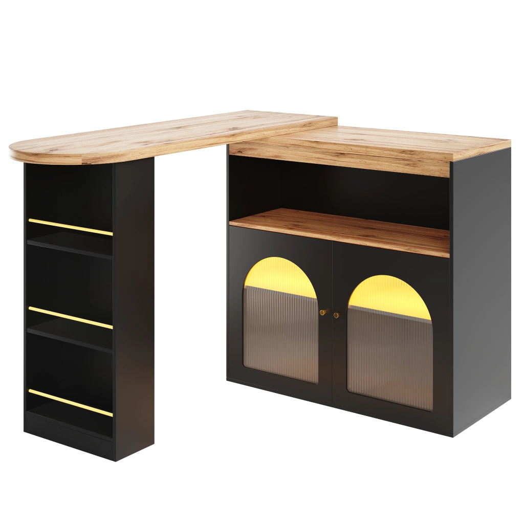 OKWISH Tavolo Bar Estensibile con Ripiani a 3 Livelli, Rotazione 360 e LED, per Sala da Pranzo, MDF, Nero, 138-193 × 39 × 105 cm