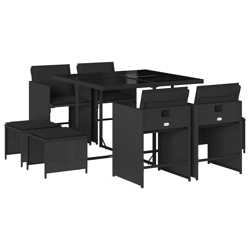 Set da Pranzo da Giardino 9 pz | Set Salotto da Giardino con Cuscini Nero in Polyrattan
