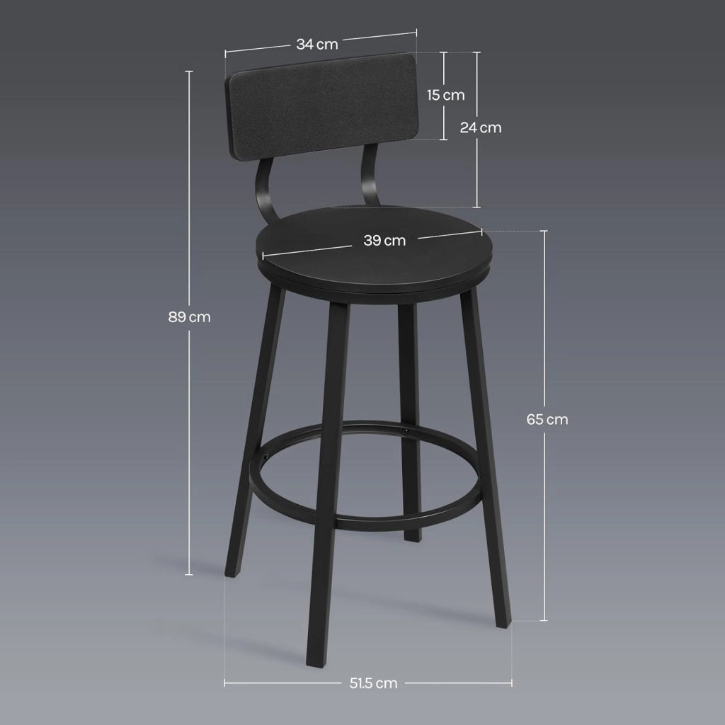 Sgabelli Cucina Set di 2, Sgabelli da Bar per Colazione, con Poggiapiedi e Schienale, Struttura in Metallo, Nero