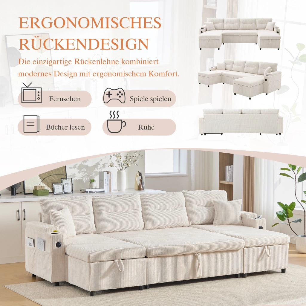 Divano 4 posti con chaise longue; contenitore; portabicchieri e USB in velluto a coste beige