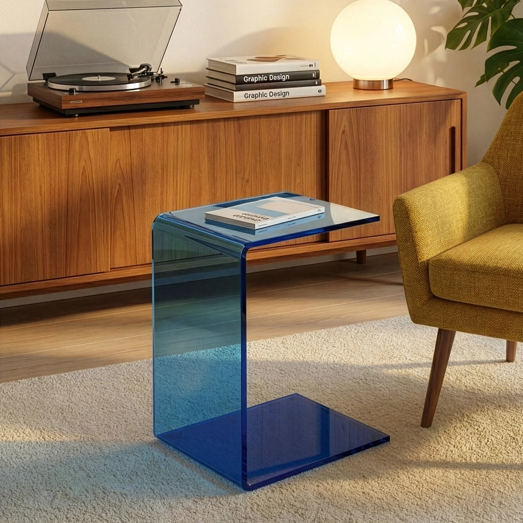 Tavolino Laterale Trölmapilu a Forma di C in Vetro 60 x 40 x 40 cm - Blu [en.casa]