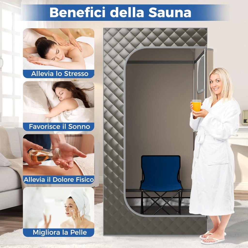 Sauna a Vapore Portatile 3L, Sauna da Casa con 9 Livelli di Regolazione della Temperatura da 35-63℃, Telecomando, Sedia Pieghevole e Massaggiatore per Piedi in Legno (Grigio)