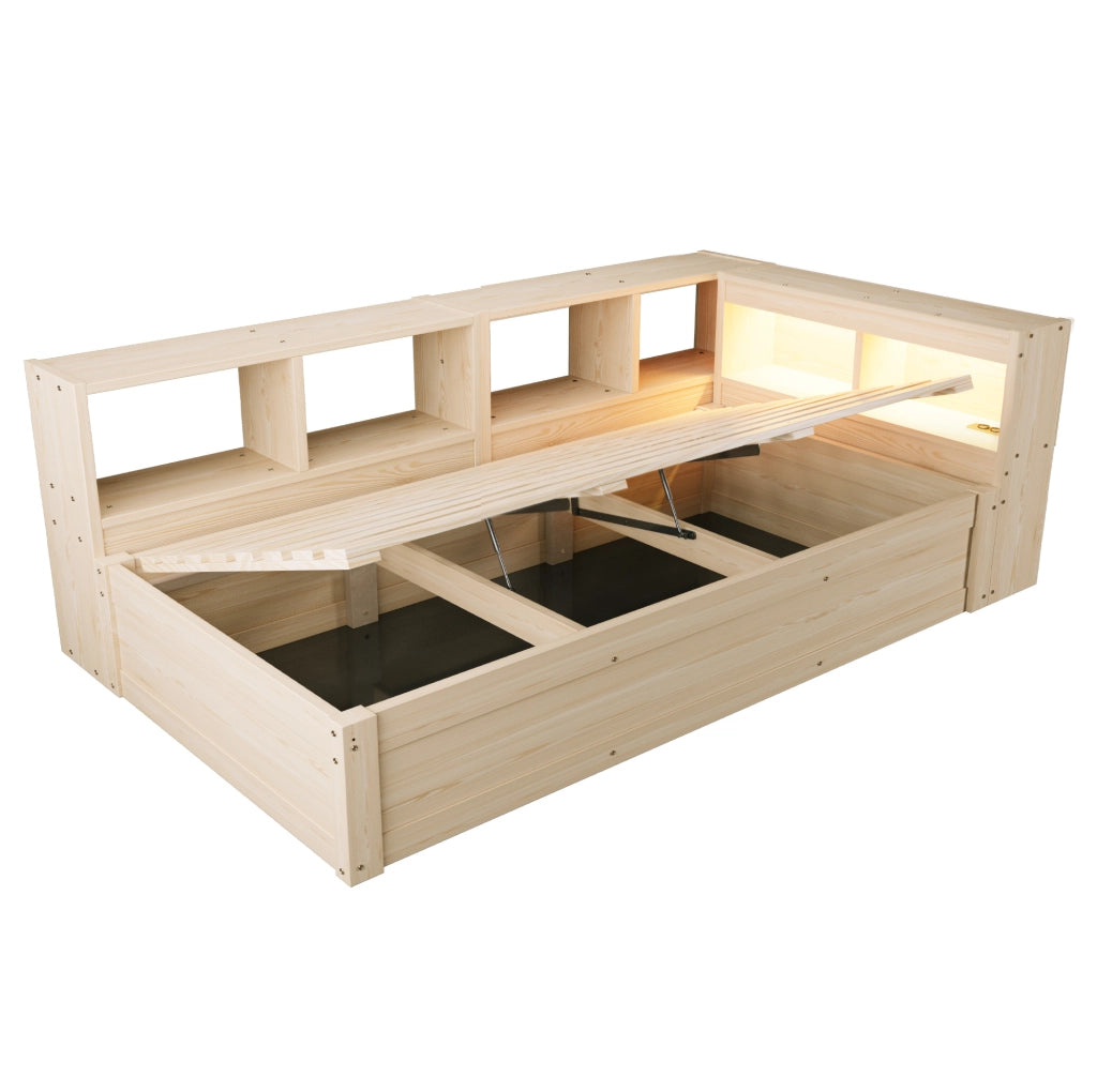 Letto multifunzione 90x200 cm con presa; LED e contenitori in MDF colore naturale