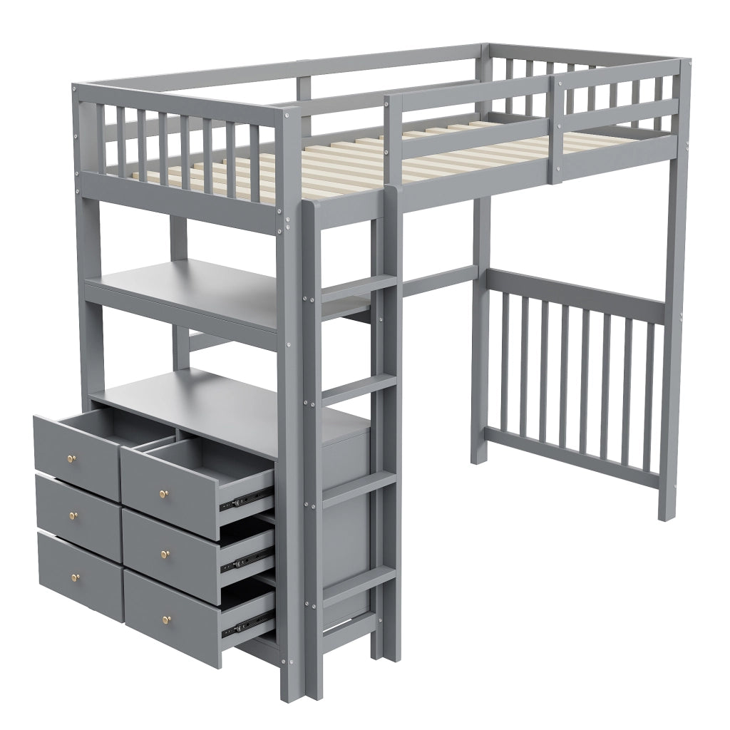 OKWISH Letto a Soppalco 90×200 cm, Letto Singolo con Scala Verticale, 6 Cassetti, Mensole e Sponda di Sicurezza, senza Materasso, Grigio
