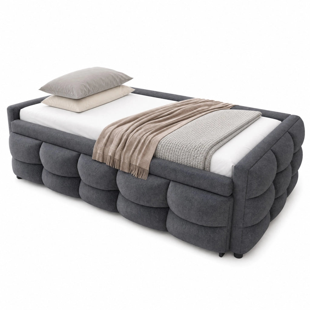 Letto imbottito estraibile 90/180x190 cm in tessuto Teddy grigio con rete a doghe