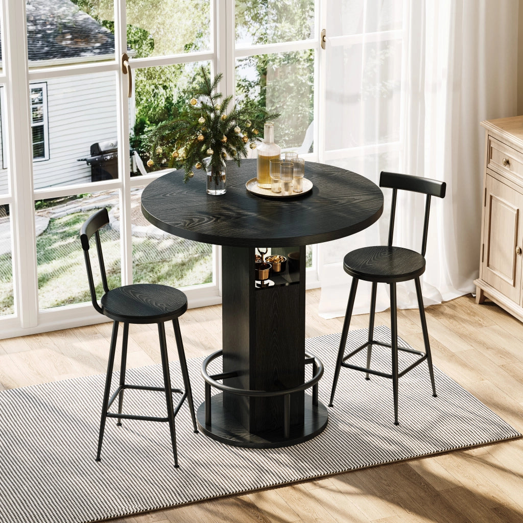 Tavolo da pranzo rotondo con 2 sgabelli e vani contenitore, stile mid-century modern, per cucina e soggiorno, diametro 80 cm