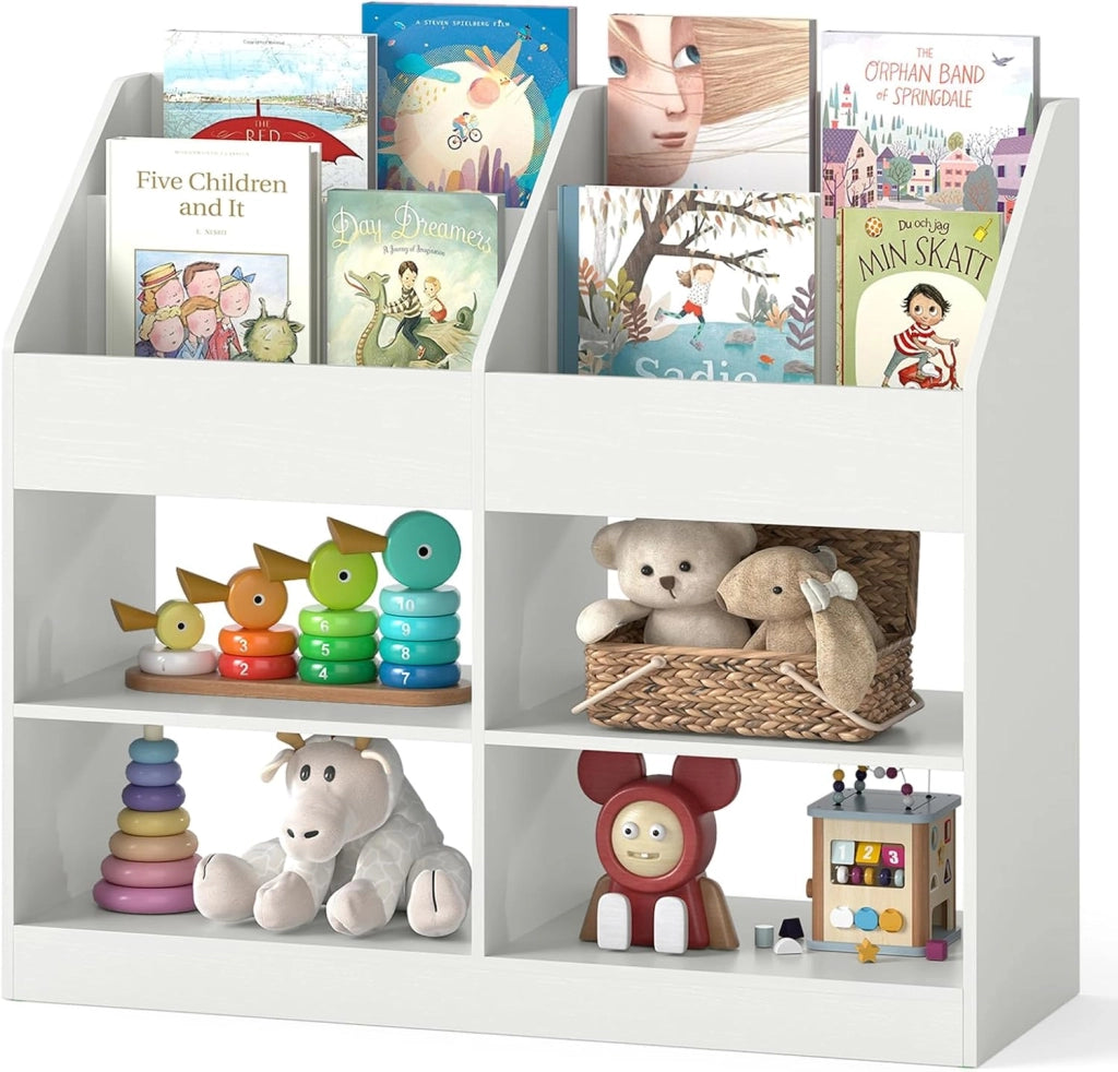 Libreria Montessoriana Porta Libri per Bambini, Scaffale Multifunzione con 4 Cubi e 4 Scomparti, Anti-ribaltamento, Salvaspazio per Cameretta e Stanza dei Giochi, 90x34x80 cm (Bianco)