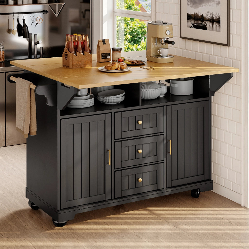 Carrello da Cucina con 2 Ante e 3 Cassetti; Piano Pieghevole; in MDF e Metallo; 120x40x95 cm; Nero