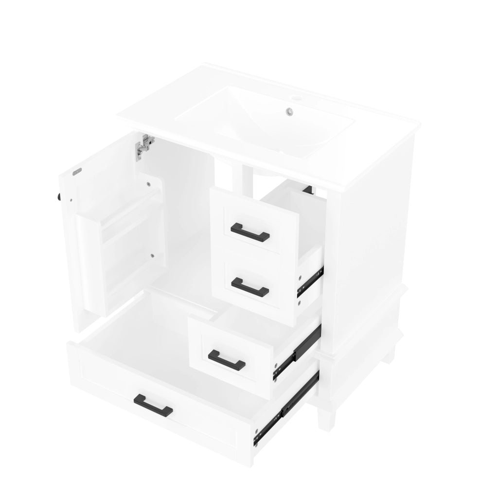Mobile lavabo da bagno freestanding 76x46x83,5 cm bianco con lavabo in ceramica integrato, 3 cassetti silenziosi e vano con ripiano