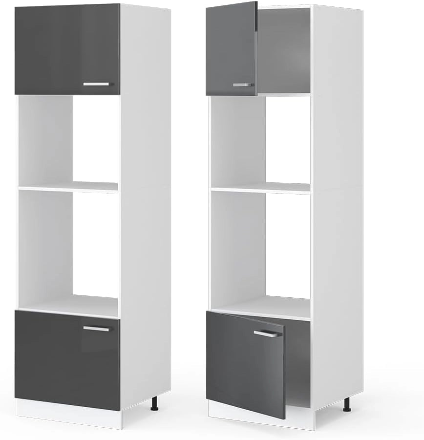 Dispensa universale R-Line, Antracite lucido, 60 cm con ripiani e ante a giorno, per la conservazione di utensili domestici e scorte