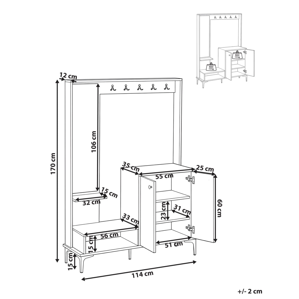 Mobile contenitore per ingresso con scarpiera L 120 cm A 170 cm Armadio Appendiabiti Specchio Truciolato Marrone chiaro