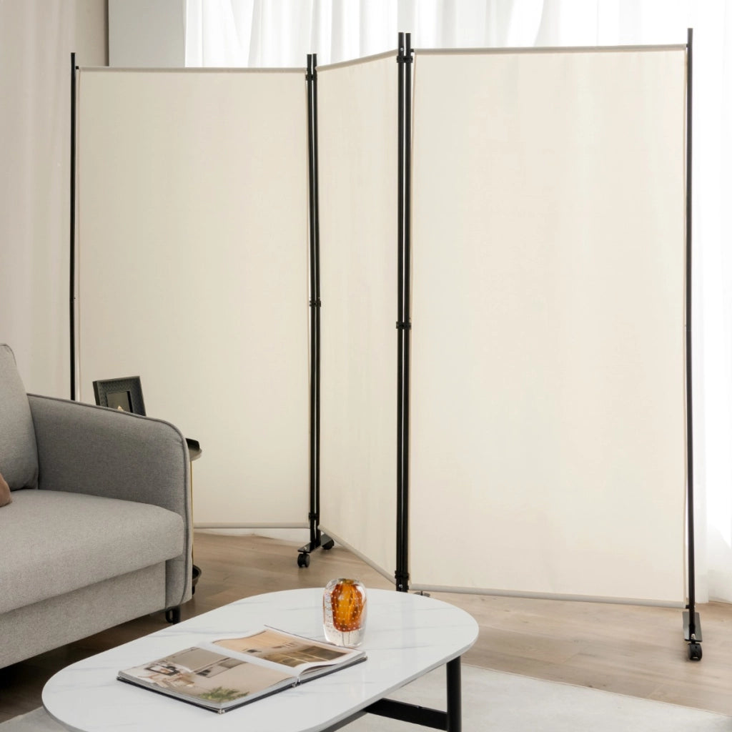 Divisorio a 3 pannelli-Paravento in tessuto portatile con ruote per privacy, Divisorio indipendente per casa e ufficio Beige