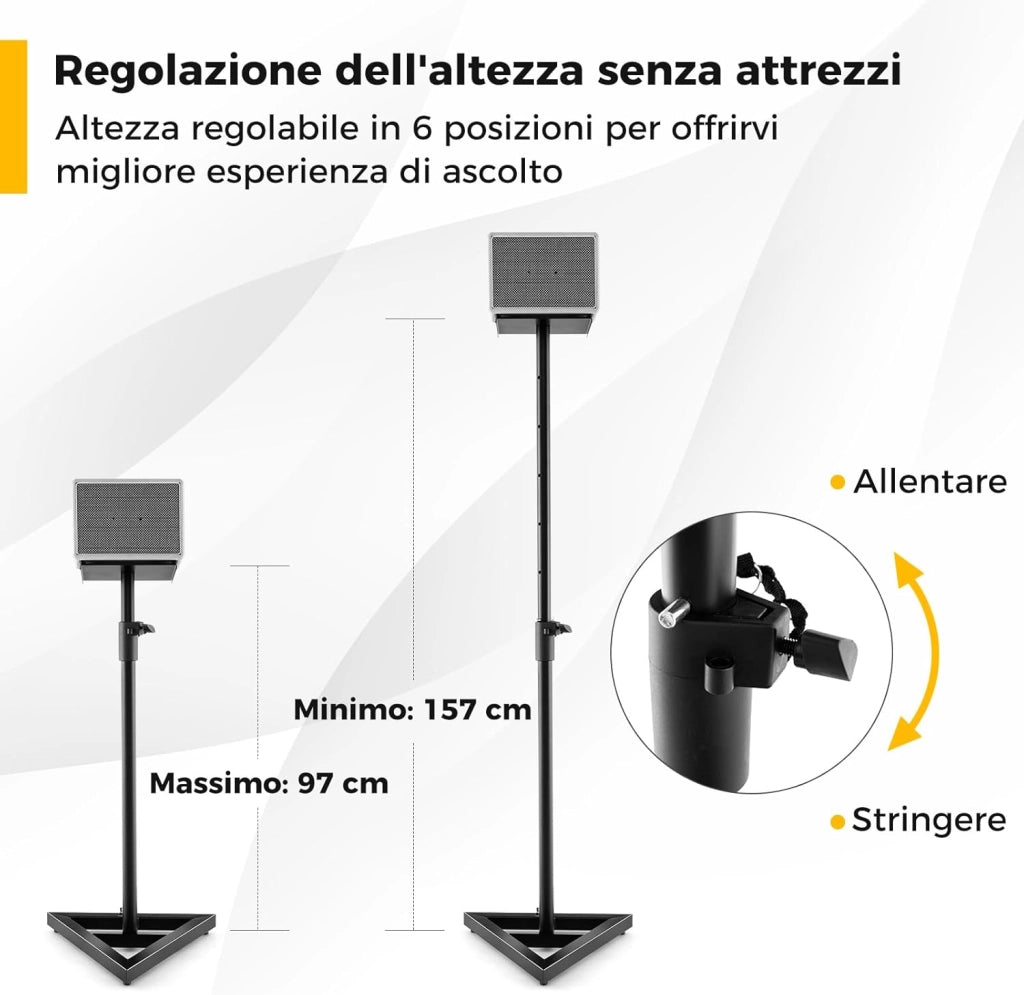Supporti Regolabili in Metallo per Altoparlante da Terra, 2 Supporti per Casse con Base Triangolare Stabile, Adesivi Antiscivolo, Altezza Regolabile da 97-157 cm