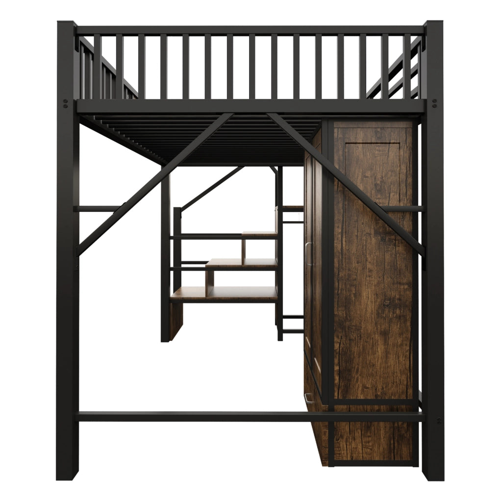 Letto a soppalco 140x200 cm in metallo e legno; nero; con armadio e scala contenitore
