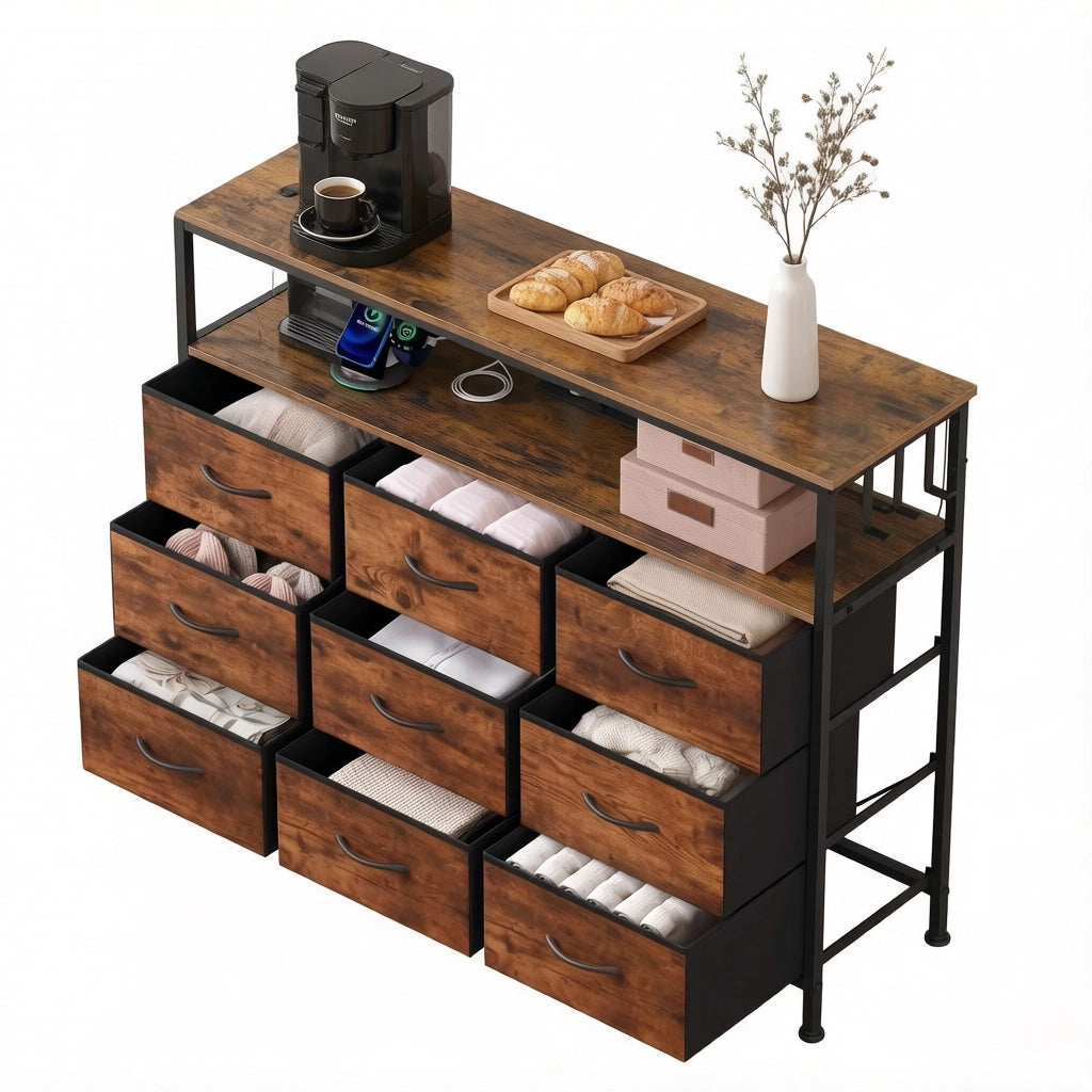 CASSETTIERA 110x85x30 cm in legno e metallo nero/marrone rustico con 9 cassetti
