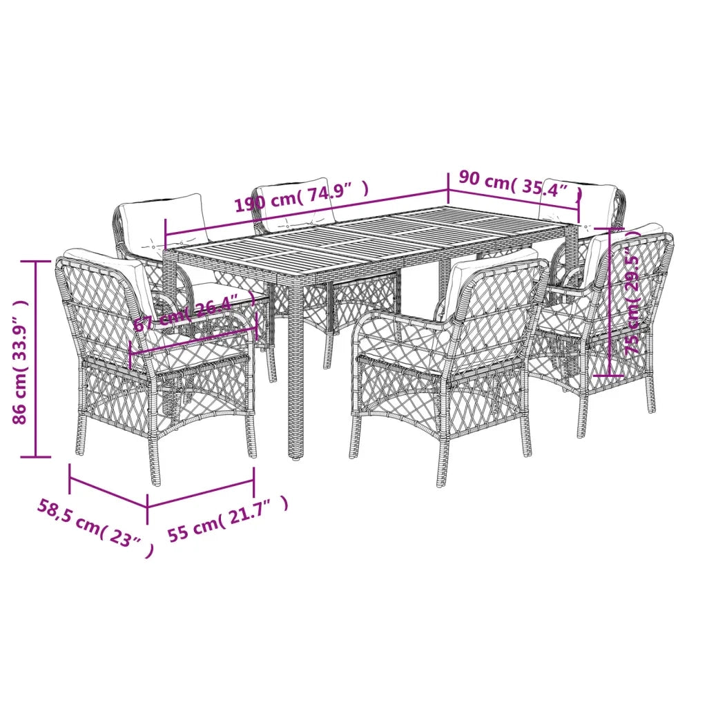 Set da Pranzo da Giardino 7 pz Nero con Cuscini in Polyrattan 3212040