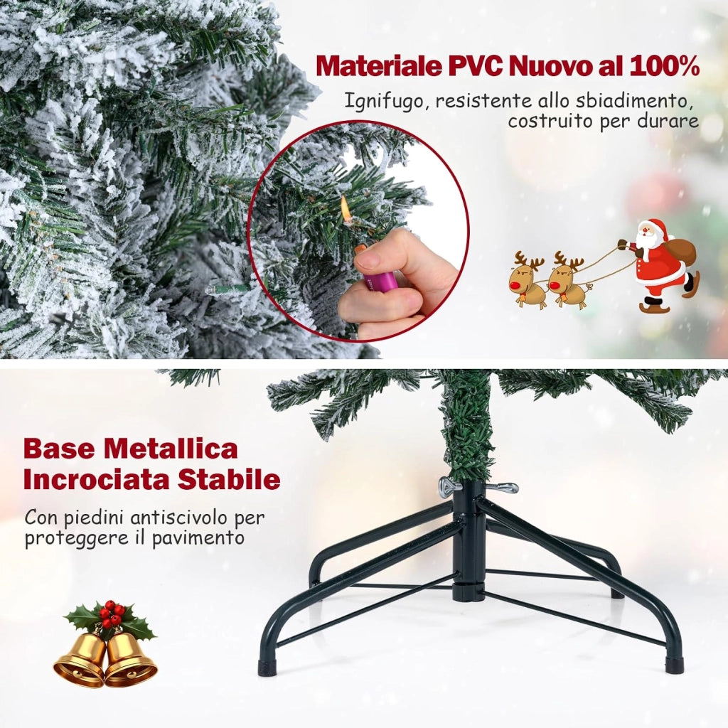 Albero di Natale Slim 180cm, Albero di Natale Innevato con 260 Luci LED, 8 Modalità, 533 Rami in PVC e Base in Metallo Pieghevole, Decorazione Natalizia per Casa e Ufficio (180 cm)