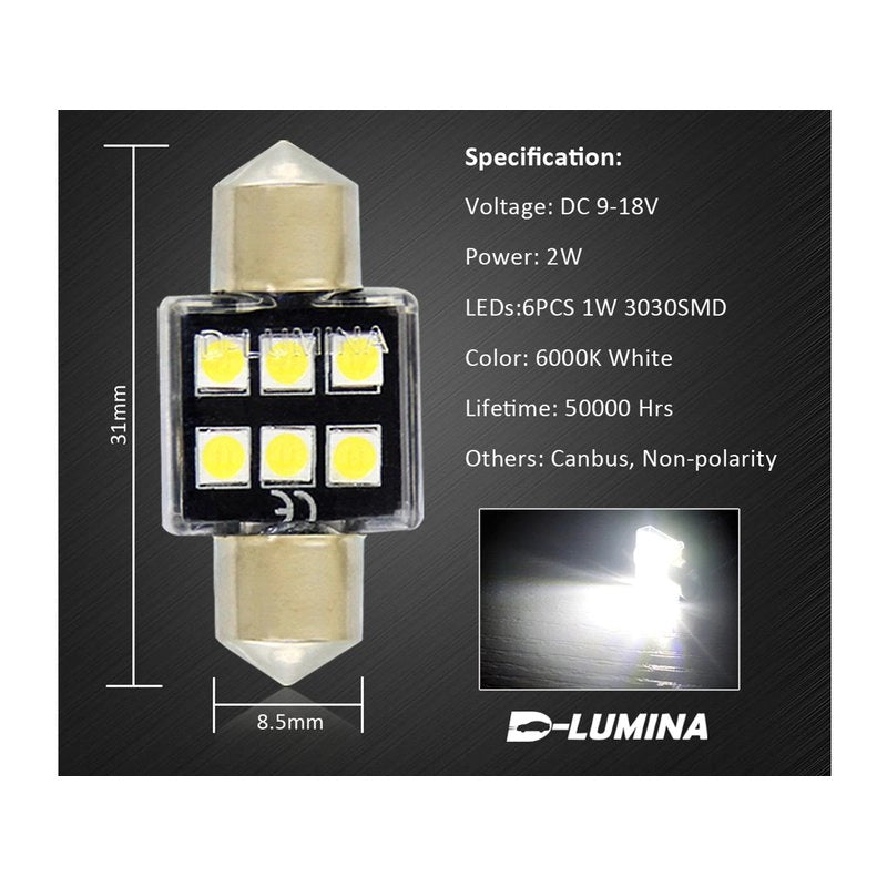 4 Lampade LED T11 Canbus 31mm 12V 2W con 6 SMD 3030 Bianco 6000K No Polarità