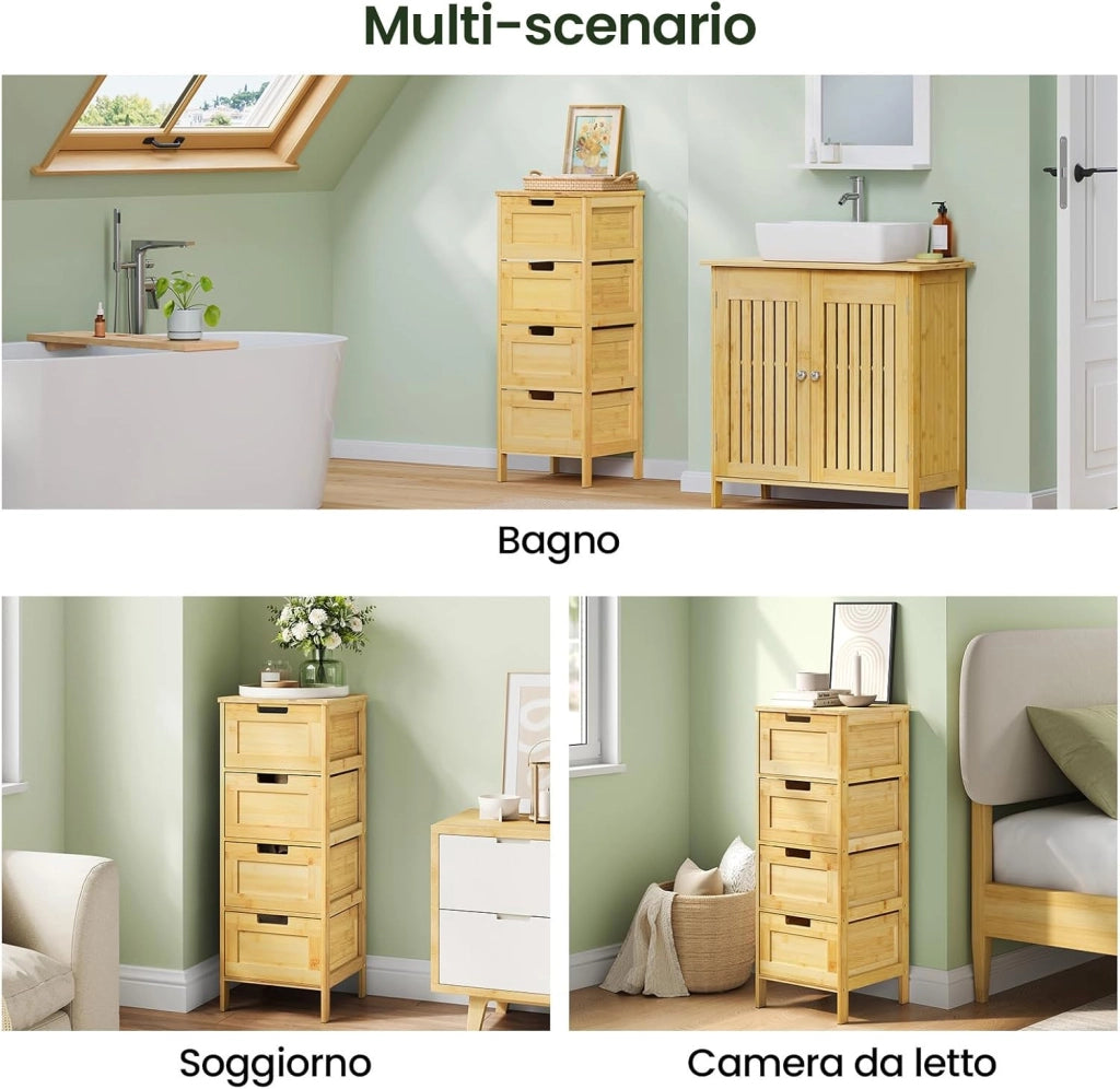 Mobile da Bagno Freestanding in Bambù con 4 Cassetti, Mobiletto per Soggiorno, Studio, Camera da Letto, 30x30x80cm, Colore Naturale del Bambù