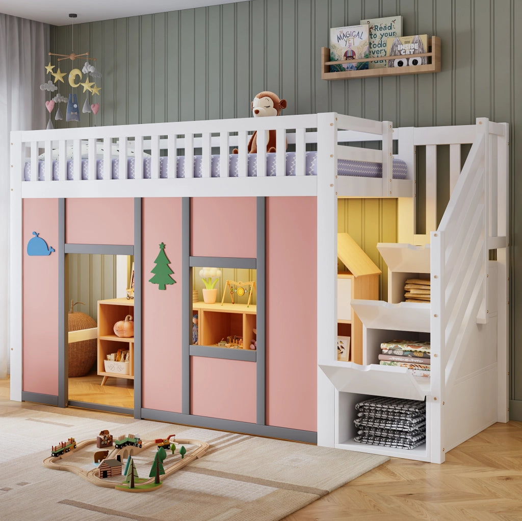 Letto a semisoppalco 90x200 cm con scala contenitore e LED in legno e MDF bianco e rosa