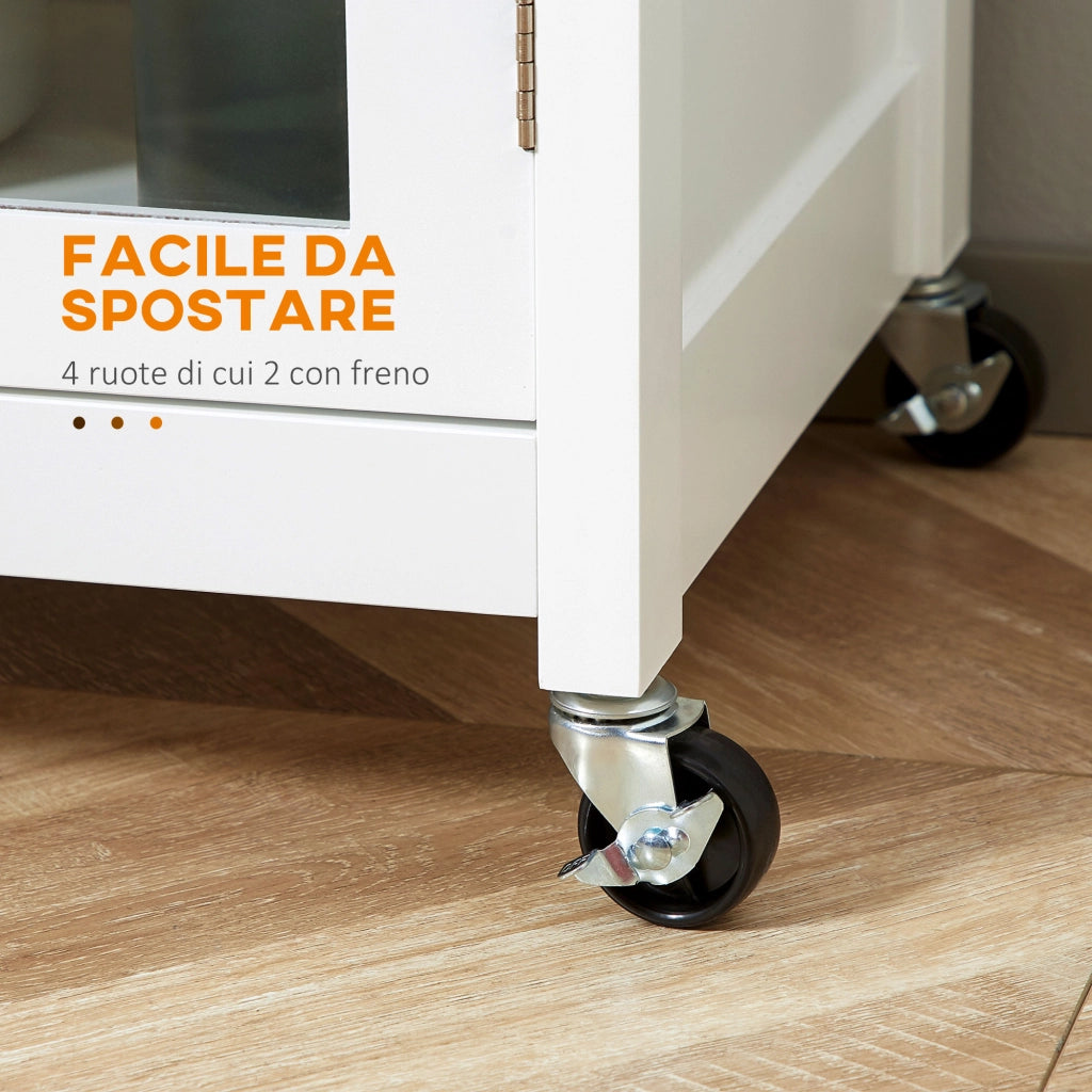 Carrello da Cucina Multiuso con 4 Ruote. in Legno Bianco. 67x48x86.5cm
