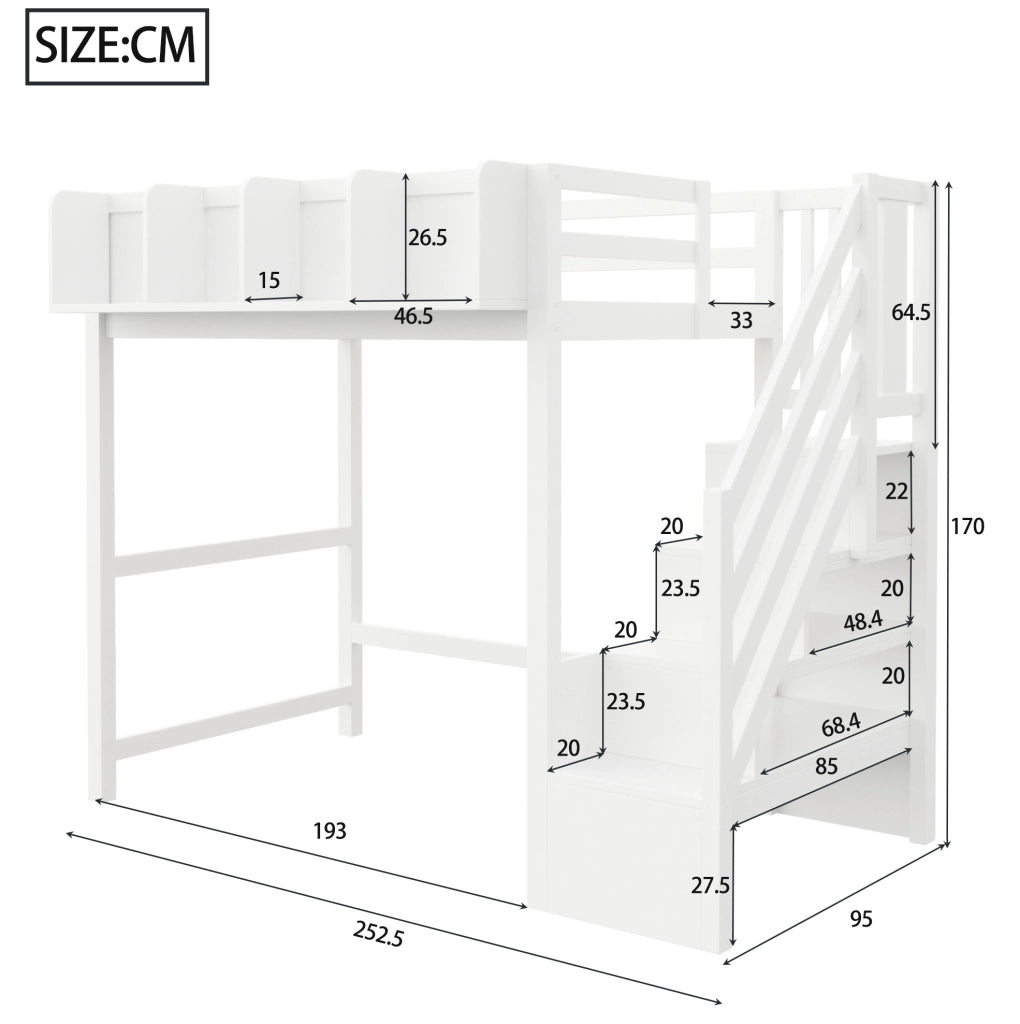 Letto a soppalco ULEVR 90x200 cm con LED, vani integrati, scala laterale e barriera di sicurezza, bianco