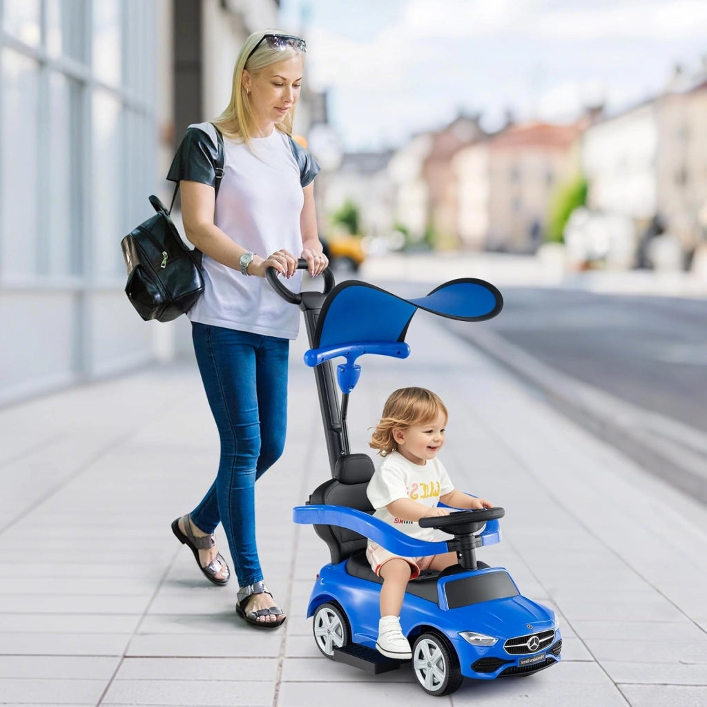 Macchina Cavalcabile per Bambini con Licenza Mercedes-Benz 3 in 1, Capote Regolabile, Guida Realistica con Volante e Clacson, Capacità di Carico 25 KG, per Bambine e Bambini 1-3 Anni (Blu)