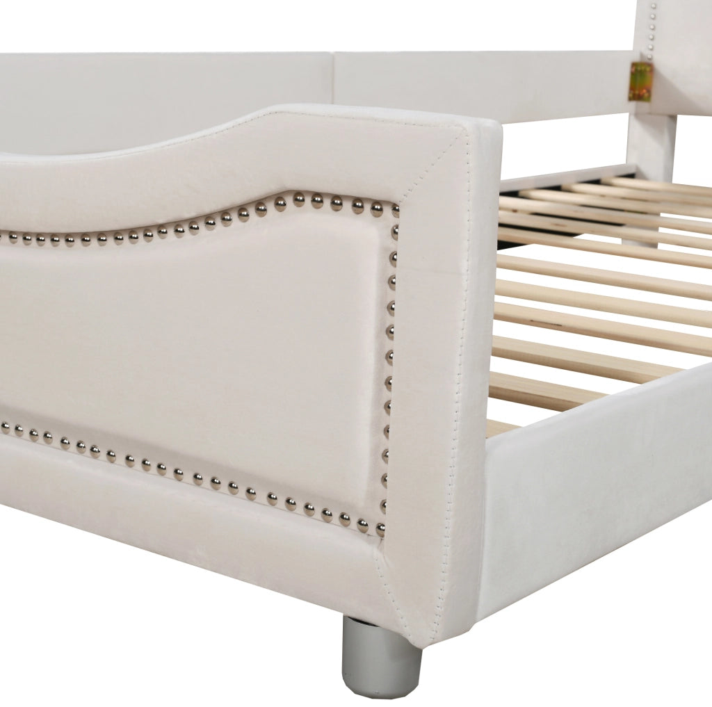 Letto imbottito per bambini 211x94;5x41;5 cm in flanella beige con rete a doghe