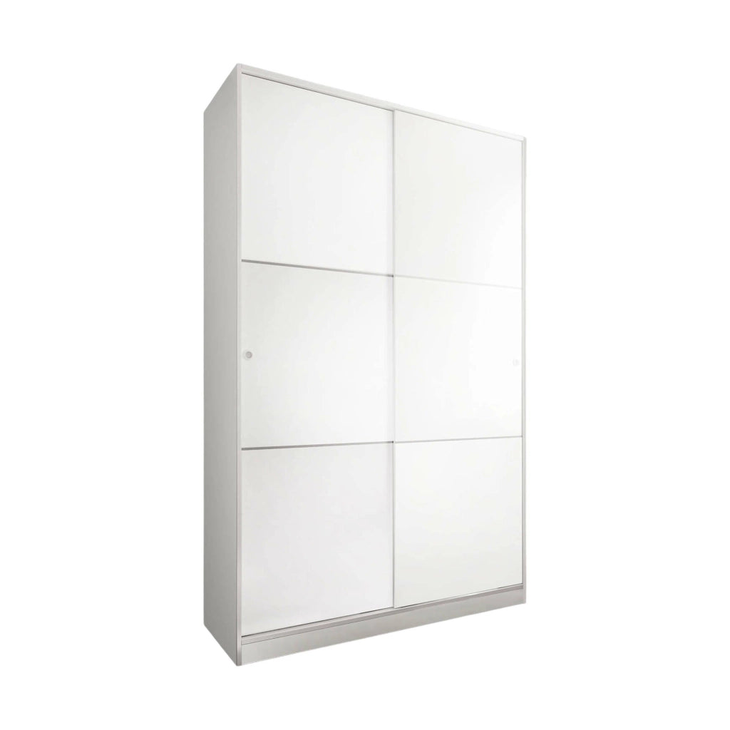 Guardaroba Adrenalin, Armadio per camera da letto a 2 ante scorrvoli, Mobile con 3 ripiani e barra appendiabiti, cm 120x50h200, Bianco lucido
