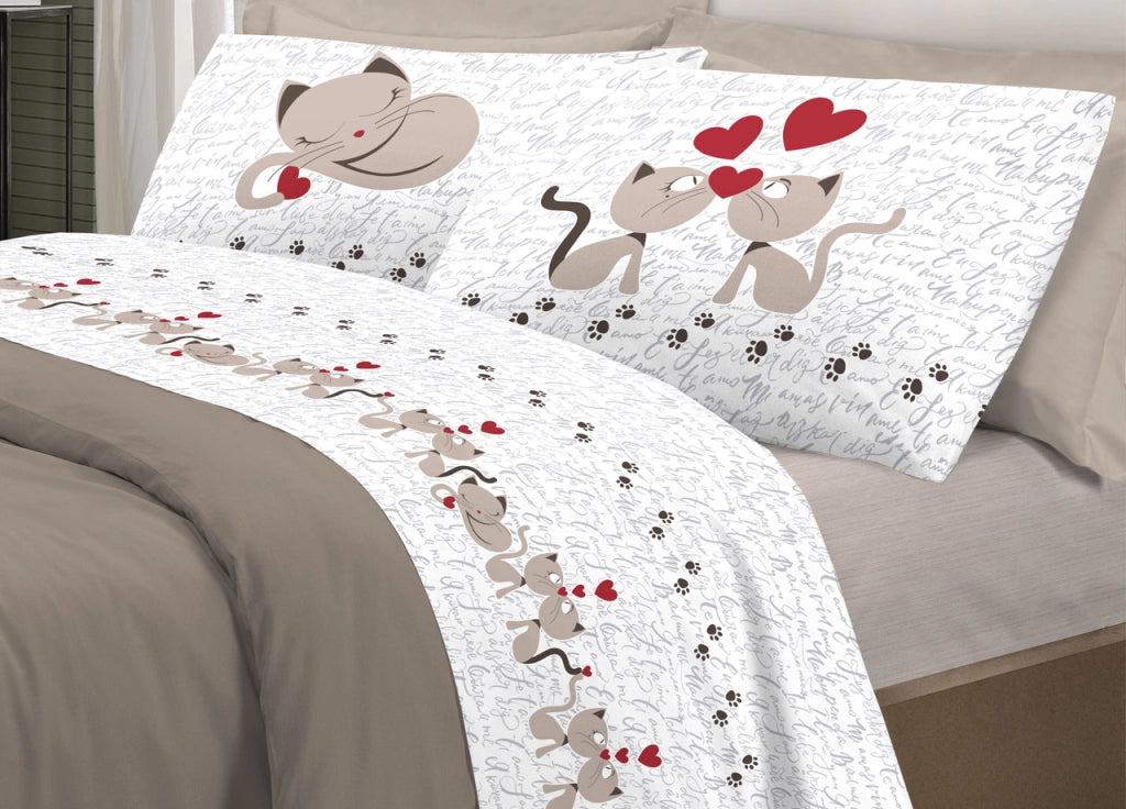 Completo Lenzuola Linea Pensieri Delicati 100% Cotone Disegno Gattini - Matrimoniale - Beige