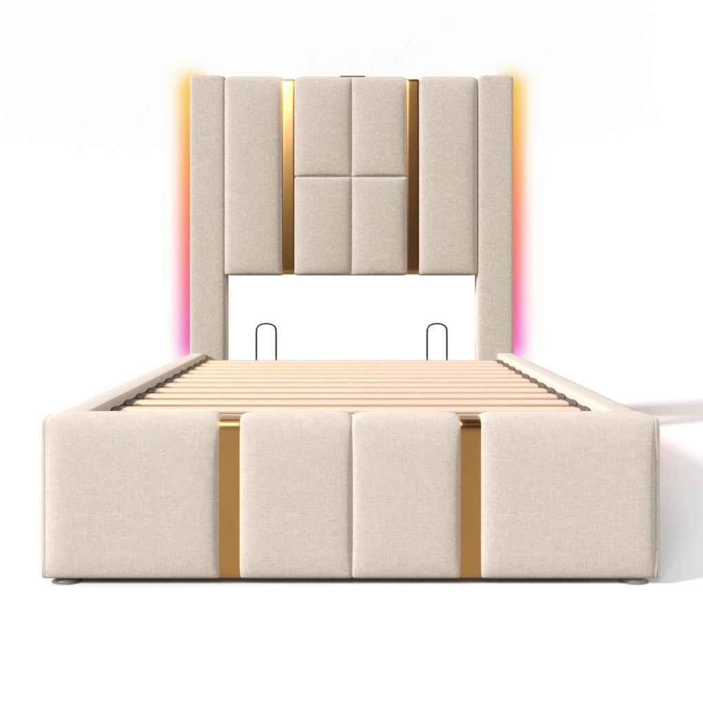 Letto imbottito singolo 90x200 cm con contenitore; LED; USB C e lino beige