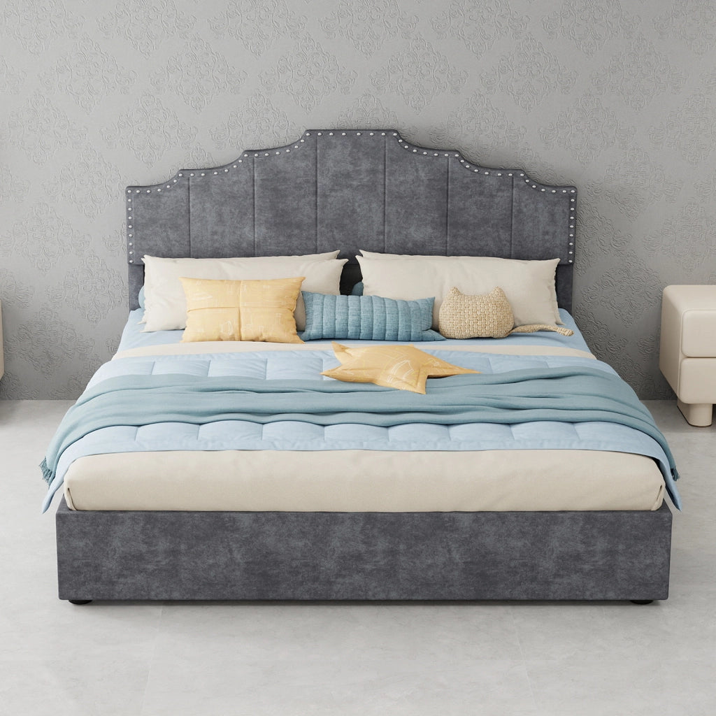 DESMIU Letto matrimoniale 160 × 200 cm in tessuto e metallo, testiera geometrica, senza materasso, grigio