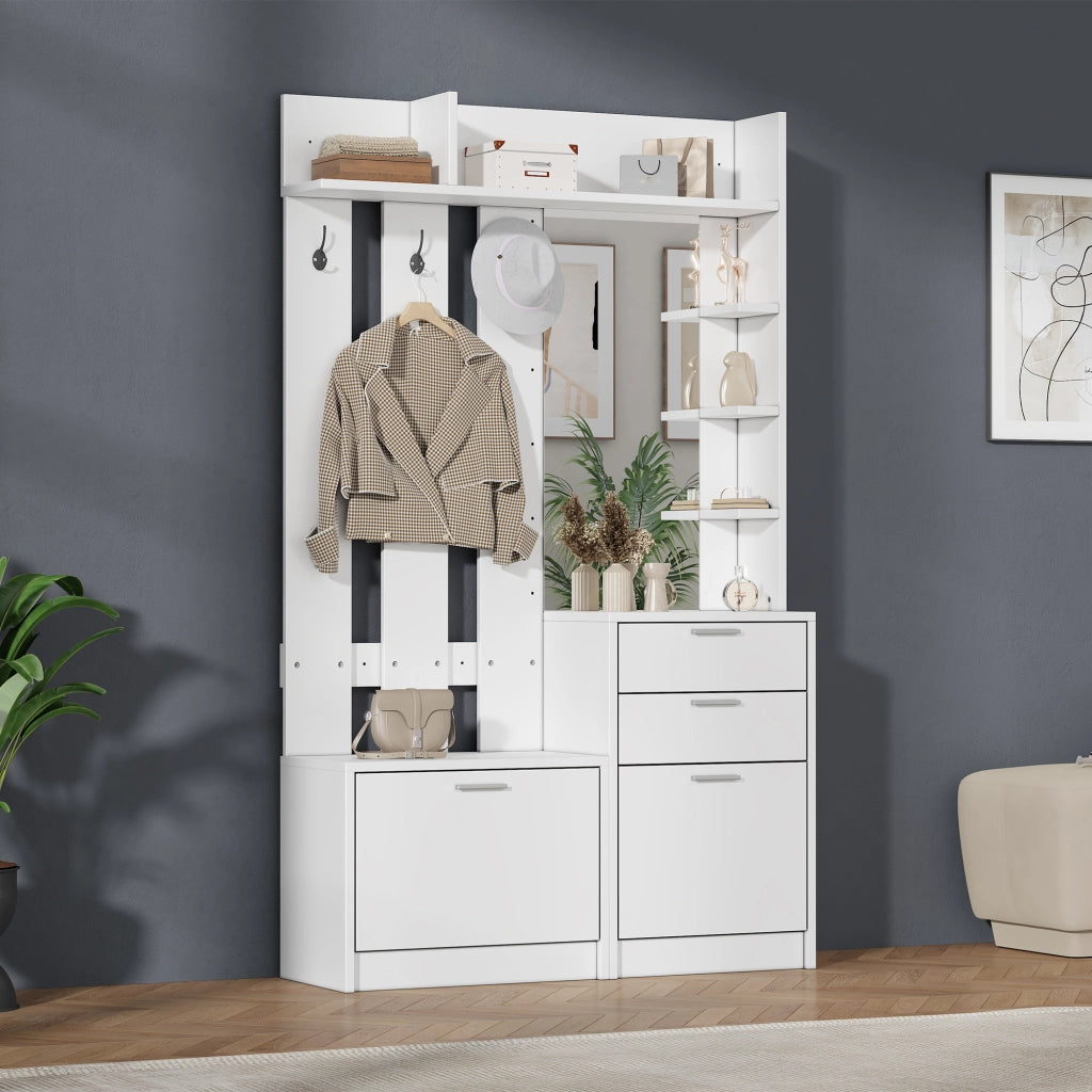 Appendiabiti con specchio; 2 cassetti; 2 scarpiere; 3 ganci e ripiani per ingresso 110 Ã— 34 Ã— 185 cm