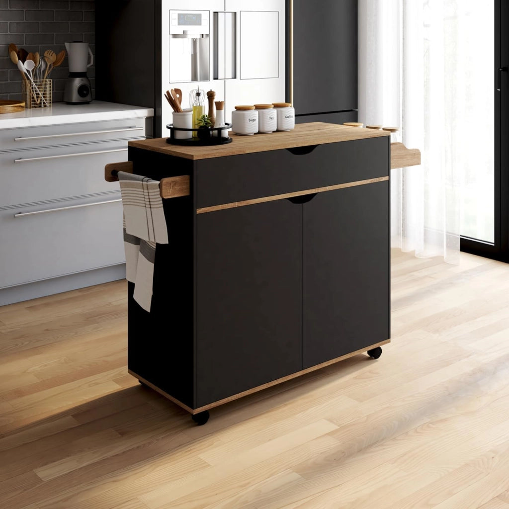 COSY XXL L.90 CM Aparador de cocina con cajón negro y estantes estilo haya